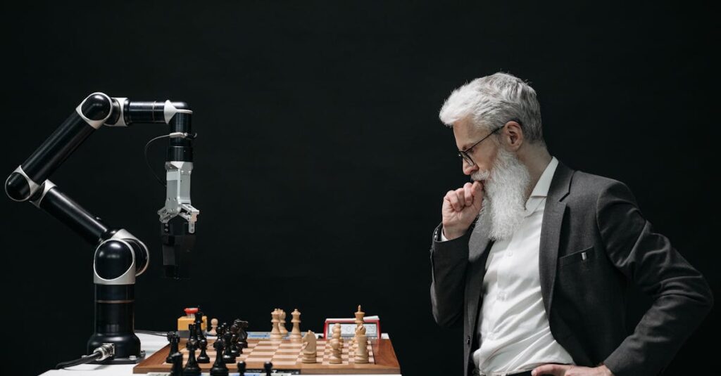 An elderly scientist contemplates a chess move against a robotic arm on a chessboard.